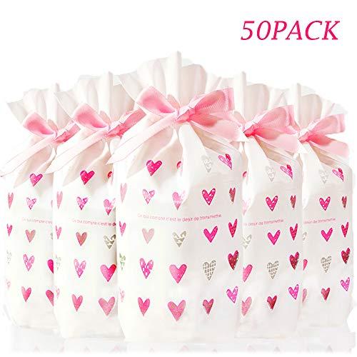 Valentines Day Party Favor Cellophane Bags, 50 Pack Hearts Treat Bags Drawstring Cookie Candy Buffet Gift Wrapping Bags for Wedding Party Bridal Engagement Holiday Favor, Goodie bags decorations