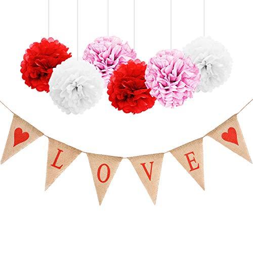 Blulu Love Bunting Banner Valentines Day Burlap Banner and 6 Pieces Paper Pom Poms Hanging Flower Ball for Valentines Day Wedding Party Supply