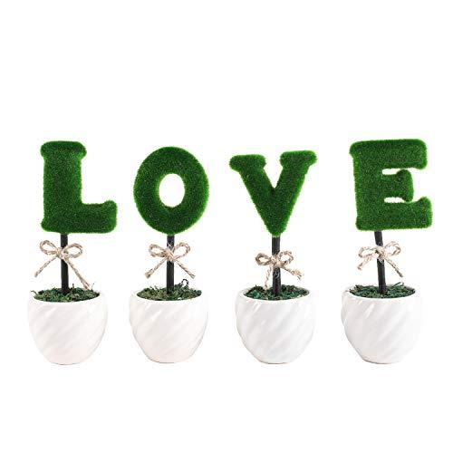 Liry Products Love Letters Decoration White Ceramic Pots Artificial Plants Topiary Set of 4 Faux Bush Planters Tabletop Hedge Sculptures Valentines Day Wedding Party Home Office Garden Rustic Modern