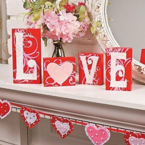 Love Blocks Wooden V-day Gift Table Top Decoration Home Accent Red Pink White Scrolls Heart Shape Design Romantic Sign L O V E Words Valentines Day Decor