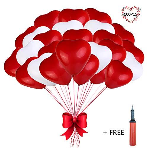 Heart Balloons - 100PCS 12 inches Red and White Latex Balloons for Wedding Decorations, Bride Shower, Birthday Party, Valentines day Balloons, Christmas party decorations with an Air Pump