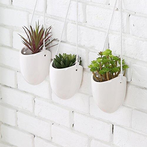 MyGift Modern Ceramic Hanging Planters, Succulent Plant Pots, Set of 3, White