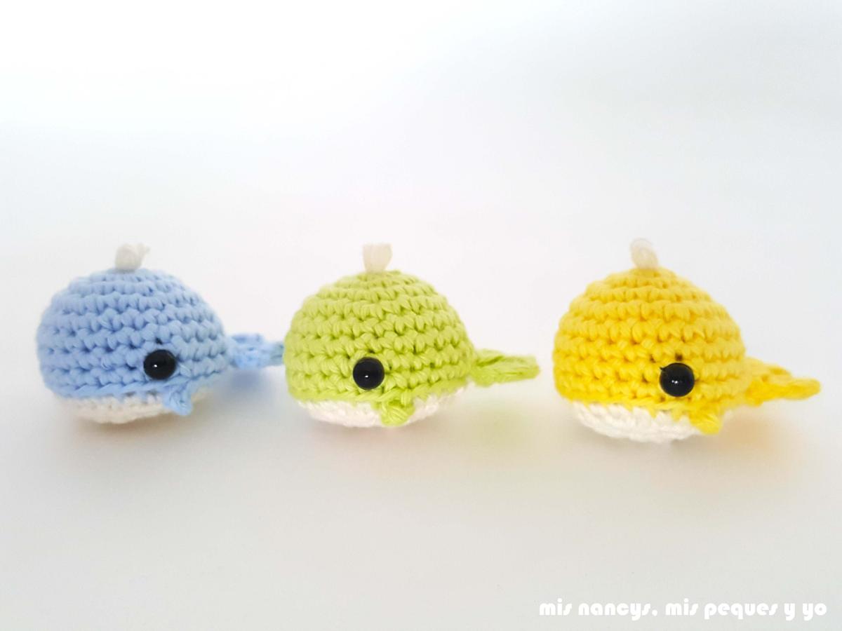 mis nancys, mis peques y yo, ballenitas de ganchillo, ballenitas amigurumis azul, verde pistacho y amarilla