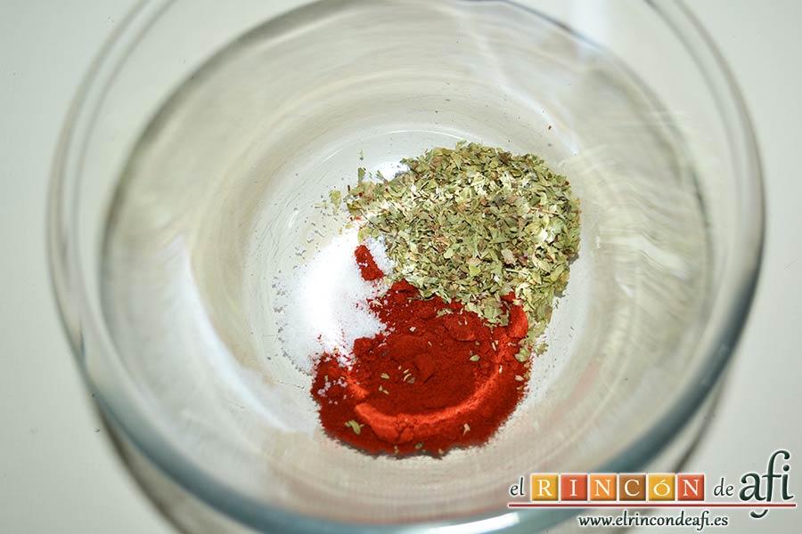 Chuletas de Sajonia con salsa de perejil, poner en un bol el pimentón, el orégano y la sal