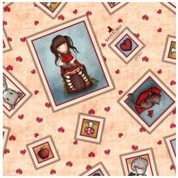 Tela Gorjuss My Story con estampado de marcos de muñecas fondo beige