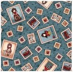 Tela Gorjuss My Story con estampado de marcos de muñecas fondo azul