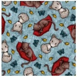 Tela Gorjuss My Story con estampado de gatitos y zorros con fondo azul