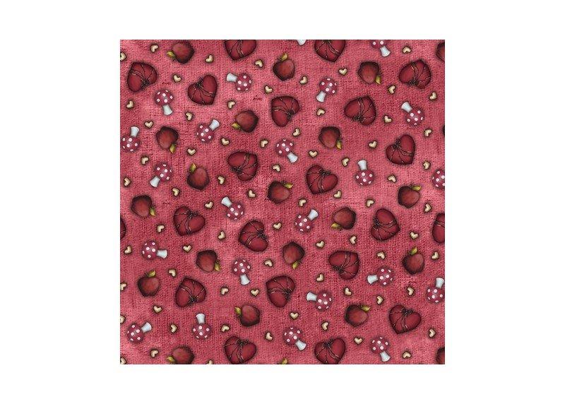 Tela Gorjuss My Story con estampado de corazones y fondo rojo