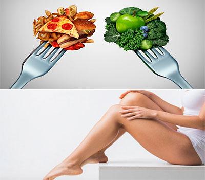 arriba unos tenedores con comida sana y comida basura y abajo chica luciendo piernas