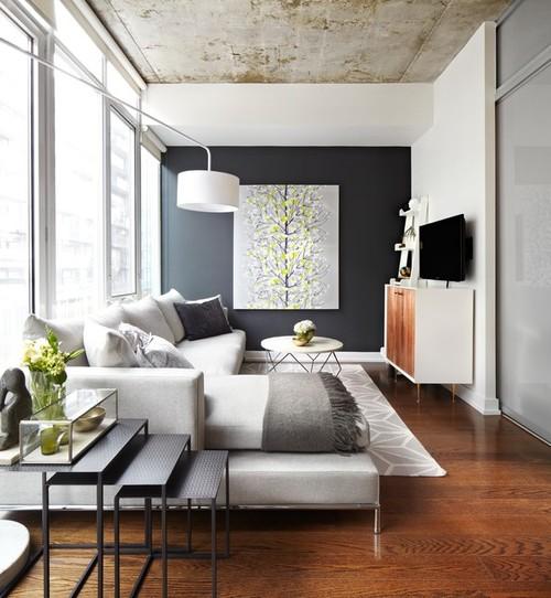 Un salón pequeño, con una pared oscura que da contraste y una mesita de centro redonda y ligera