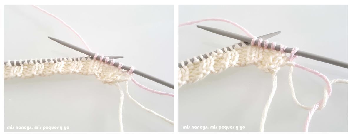 mis nancys, mis peques y yo, tutorial jersey de punto para Nancy "Fresa y nata", tejer primera franja de color