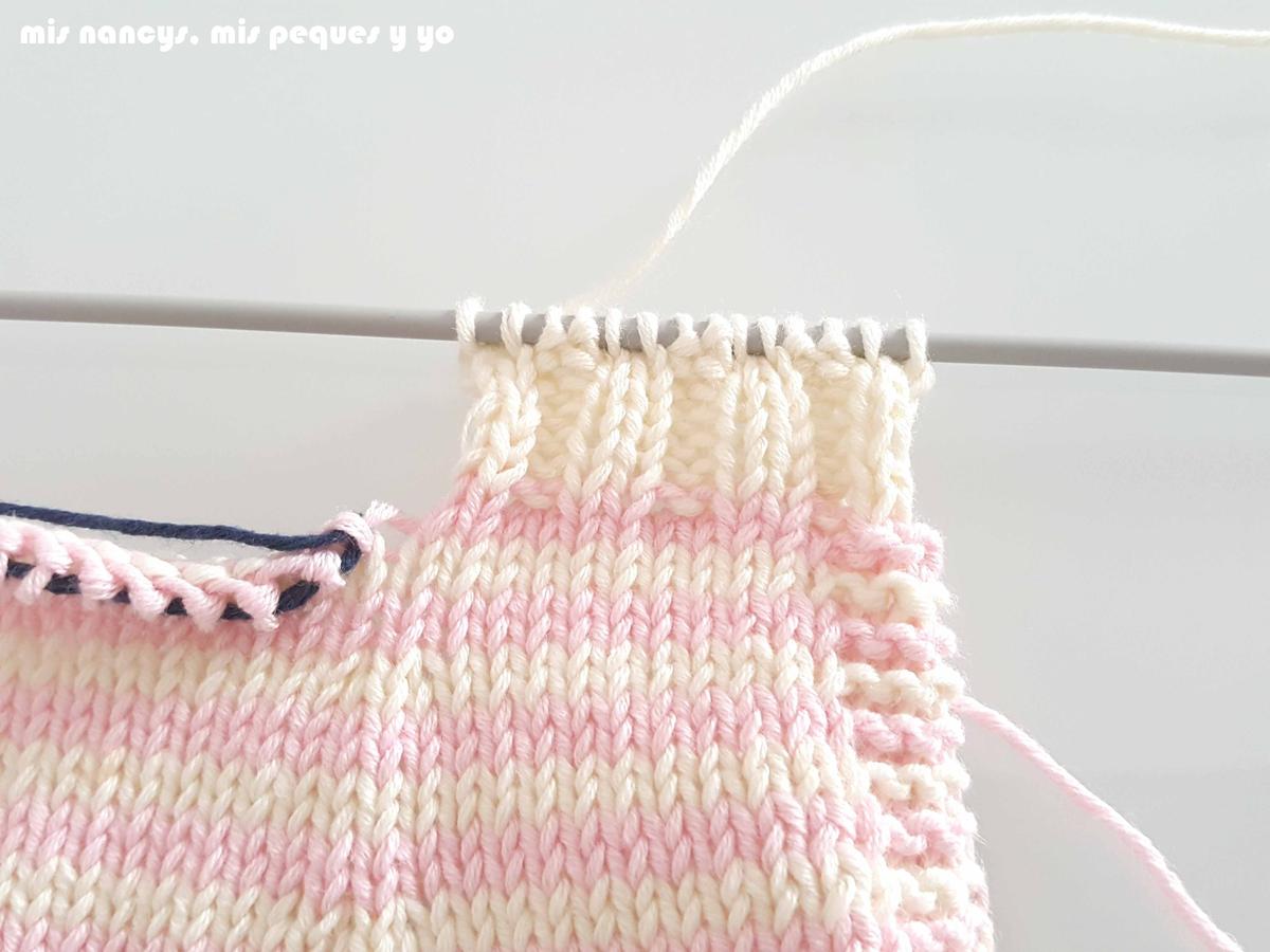 mis nancys, mis peques y yo, tutorial jersey de punto para Nancy "Fresa y nata", tejer 7 pasadas de goma 2x2