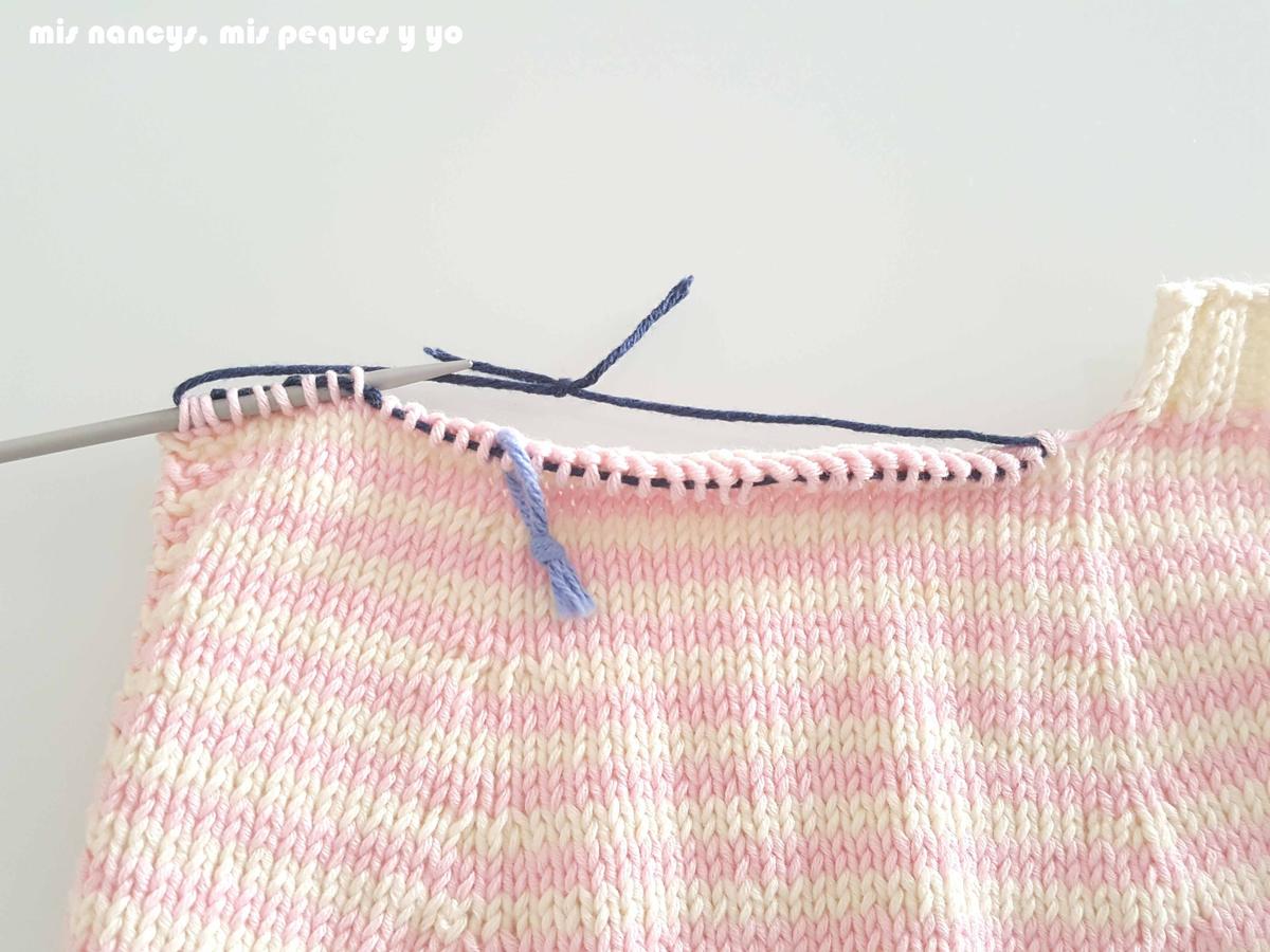mis nancys, mis peques y yo, tutorial jersey de punto para Nancy "Fresa y nata", pasar a la aguja los 14 puntos laterales