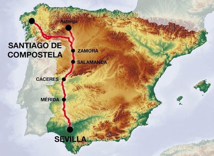 Mapa del Camino de Santiago por la Vía de la Plata
