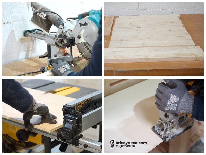 cortar las piezas para hacer un banco con almacenaje para el baño