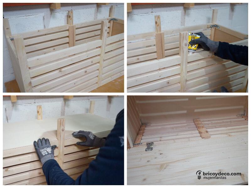 atornillar piezas para hacer un banco de almacenaje para el baño