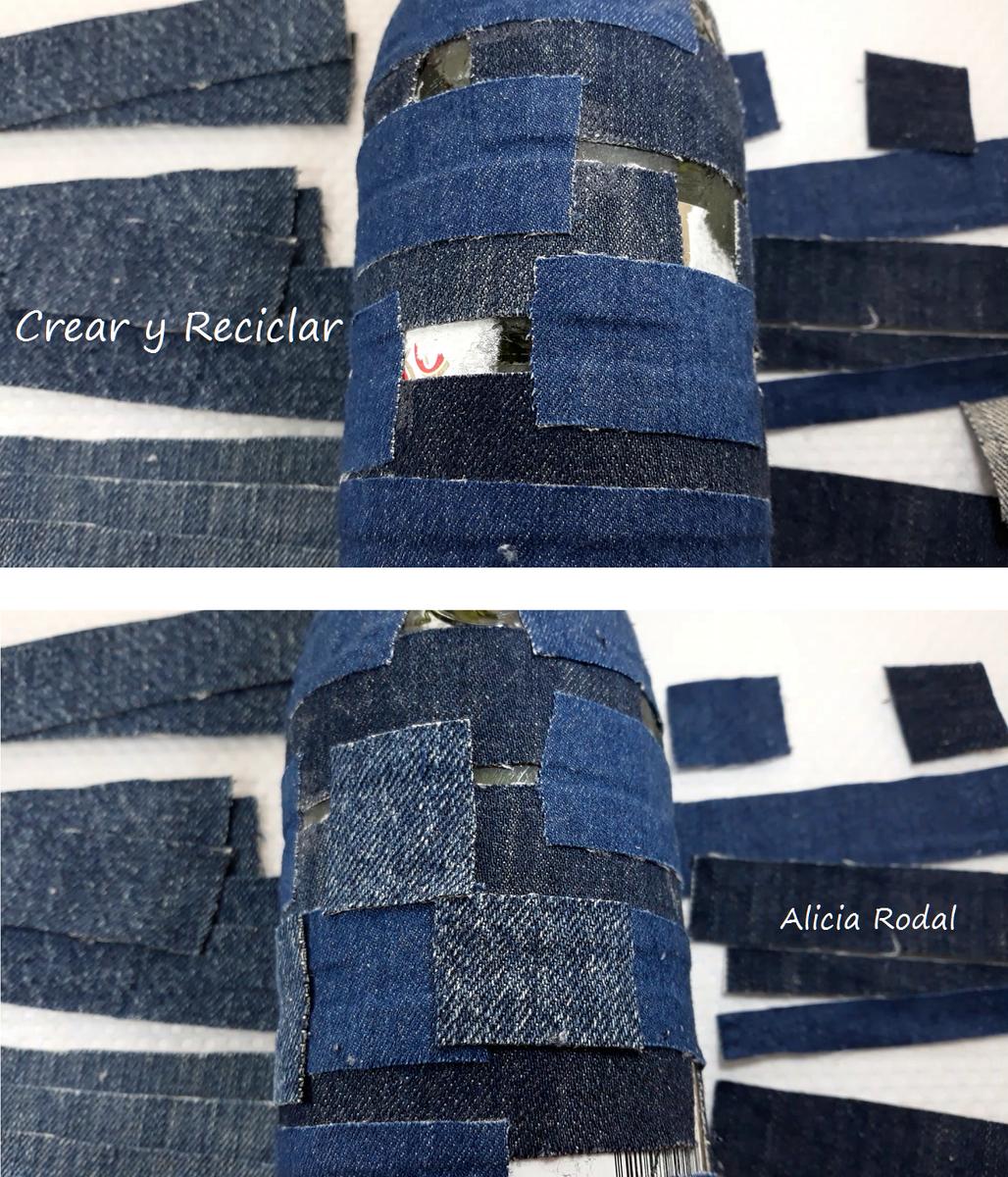 ideas para reutilizar y decorar envases, frascos o botellas de vidrio o cristal, fácil. DIY. Además vamos a reutilizar faldas y pantalones vaqueros, también conocidos como blue jeans, Denim, mahón, tejanos o mezclilla.