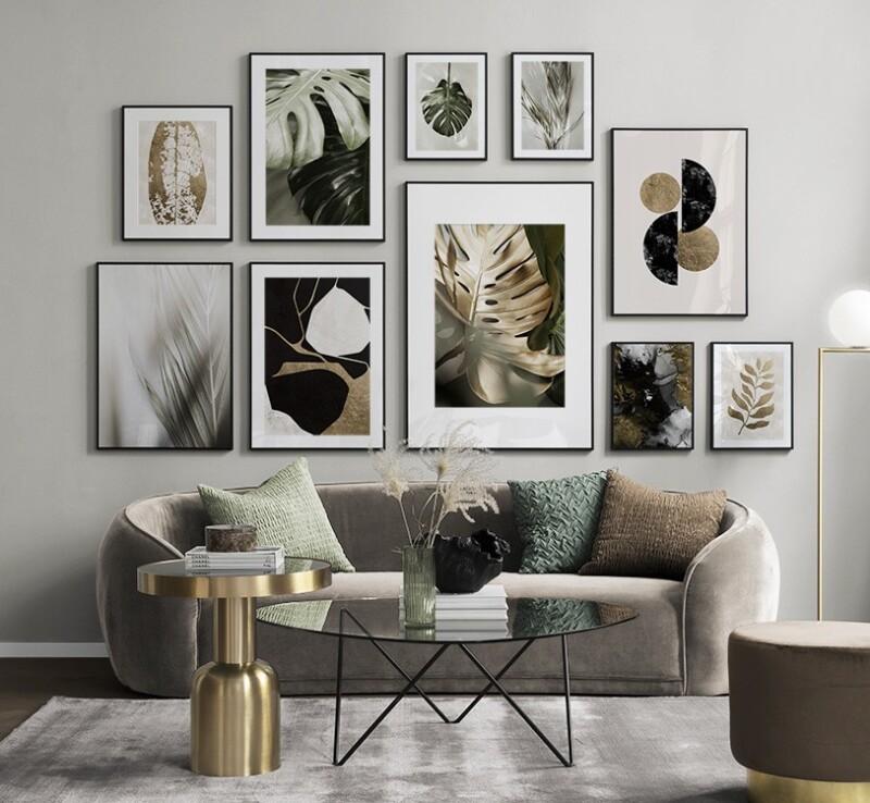 consejos_decorar_con_cuadros_composición_verdes_ocres_dorados-03