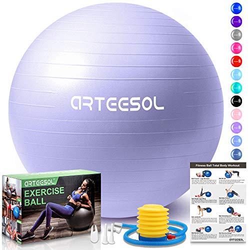 arteesol Balón de Ejercicio Anti-explosión, 45cm/55cm/65cm/75cm/85cm Fitness Yoga Ball Estabilizador de balón de Equilibrio Resistente con Bomba rápida para Core Force (Violeta Claro, 65cm)