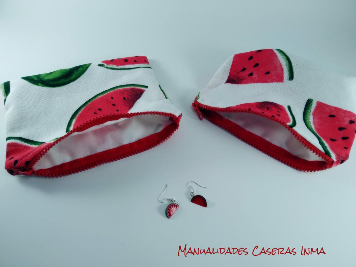 Manualidades Caseras Inma_Bolsa playa neceser y pendientes sandia