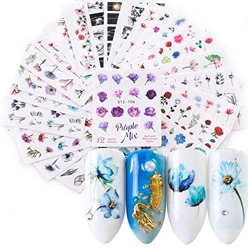 Pegatinas UñasKapmore 24 Hojas Pegatinas Uñas Decorativas Nail Art Stickers Elegante Estampado de Fores Decoracion (1)