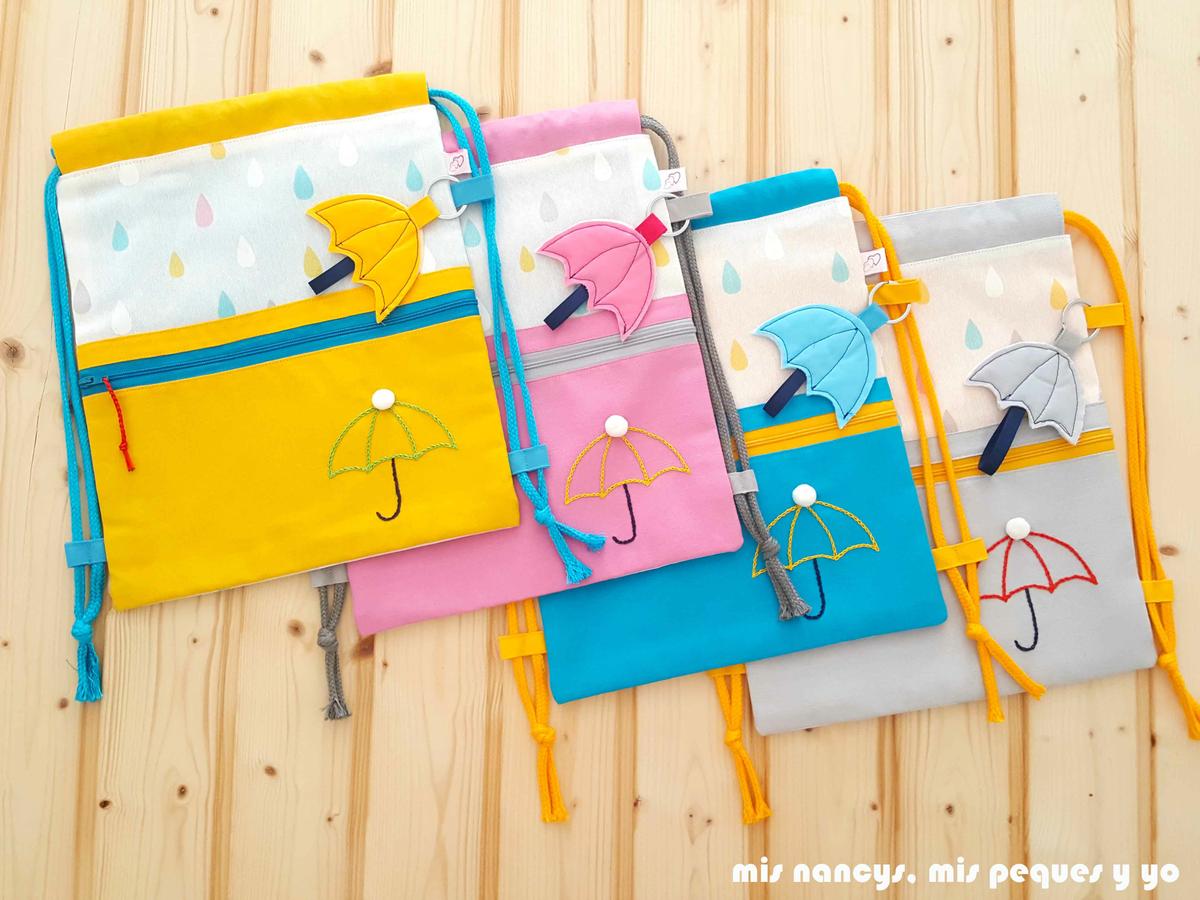 mis nancys, mis peques y yo, mochilas de tela infantiles, colores disponibles: amarillo, rosa, azul y gris perla