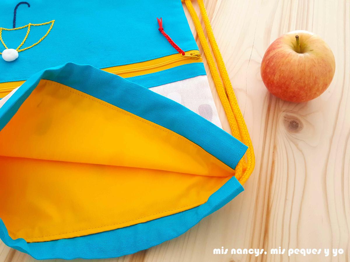 mis nancys, mis peques y yo, mochilas de tela infantiles, detalle forro interior a juego con cremallera y cordones