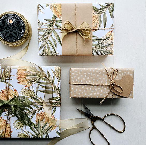 regalos navideños creativos empaques hojas ramitas navideñas kraft estampado