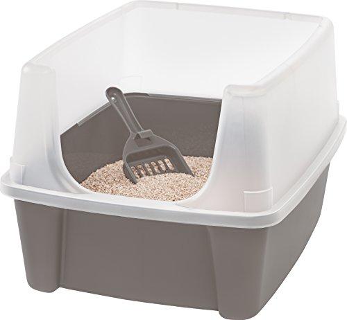 Iris Ohyama, Bandeja de arena / arenero gatos con borde alto, sin saliente de basura, borde alto extraíble, altura de entrada: 15 cm, pala incluida, para gato - Cat Litter Box CLH-12 - Gris pardo