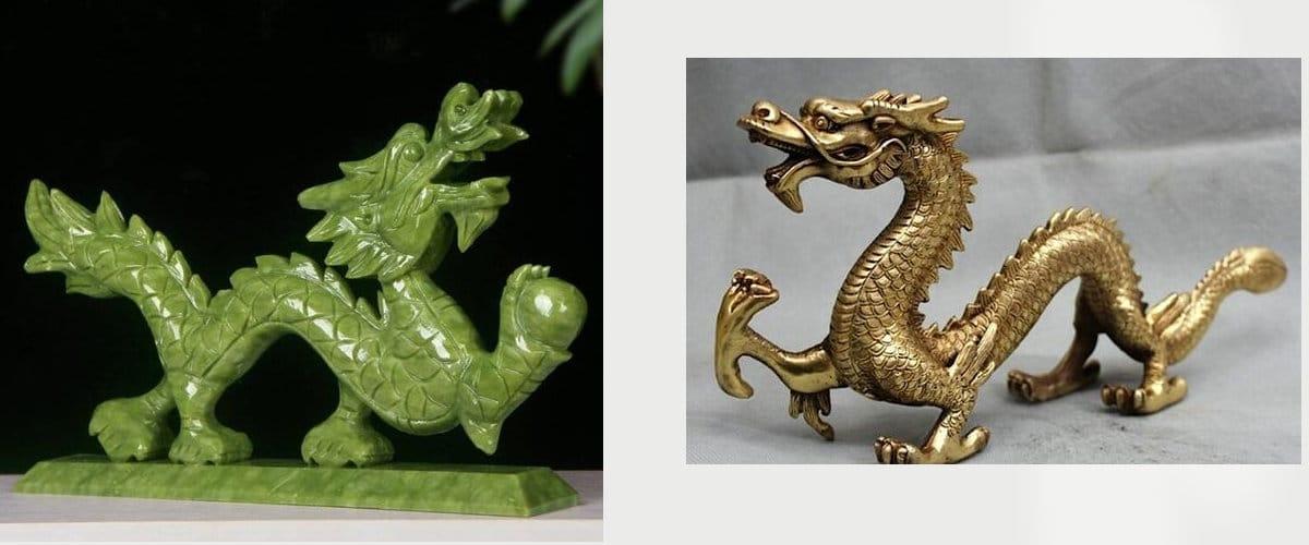 Dragones verdes y dorados, figuras preciosas para decorar