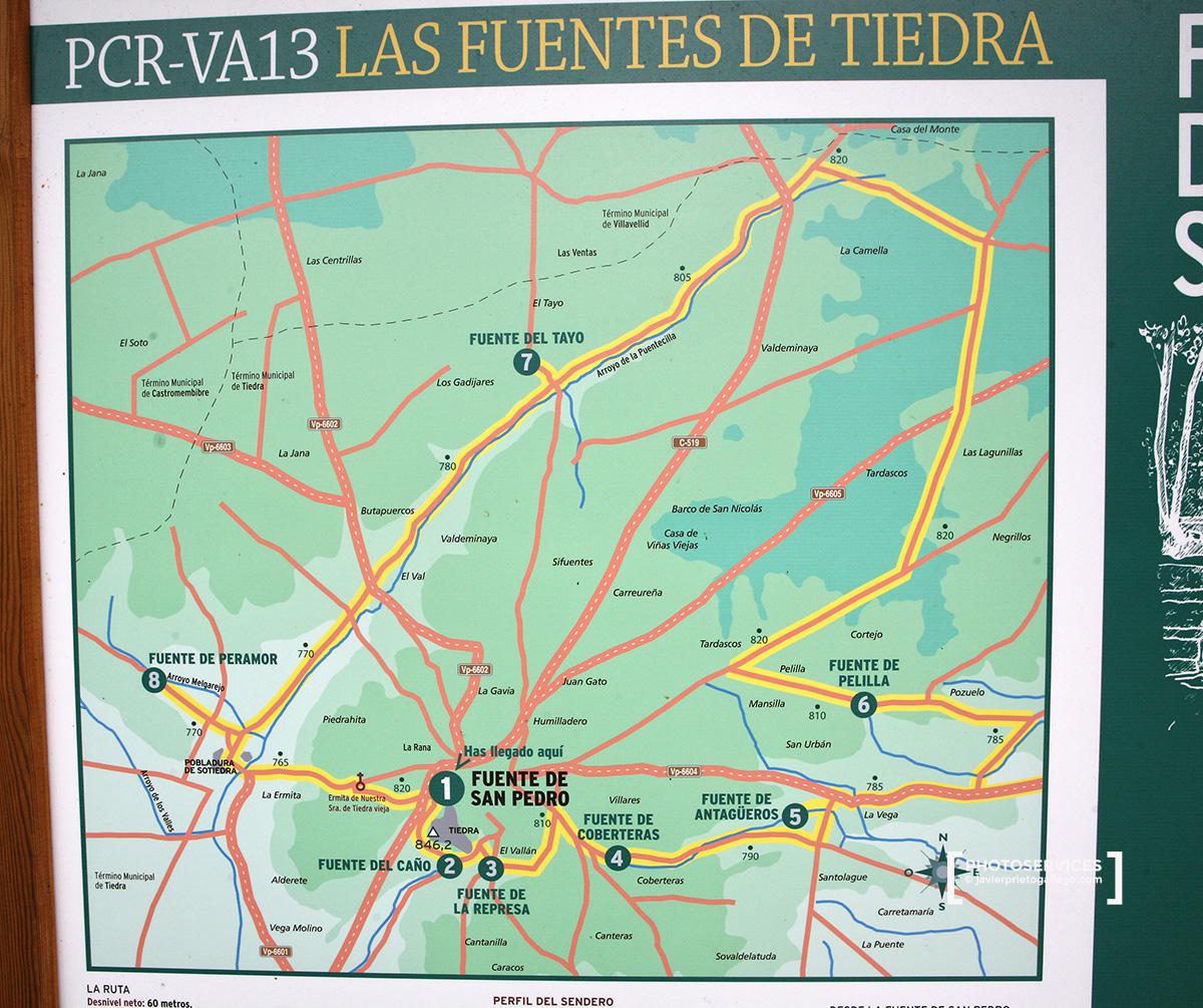 Panel con información del recorrido de las Fuentes de Tiedra.