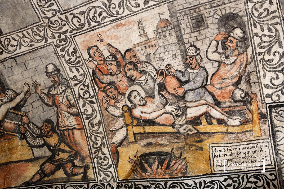 Detalle del martirio de San Bernabé en las pinturas que hay sobre el techo de la Ermita de San Bernabé. Cueva de Ojo Guareña. Merindad de Sotosocueva. Valle de San Bernabé. Burgos. Castilla y León. España. © Javier Prieto Gallego