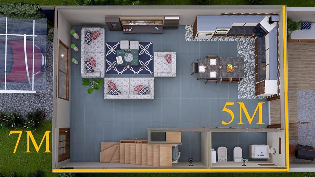 Distribución de una casa de cinco por siete metros