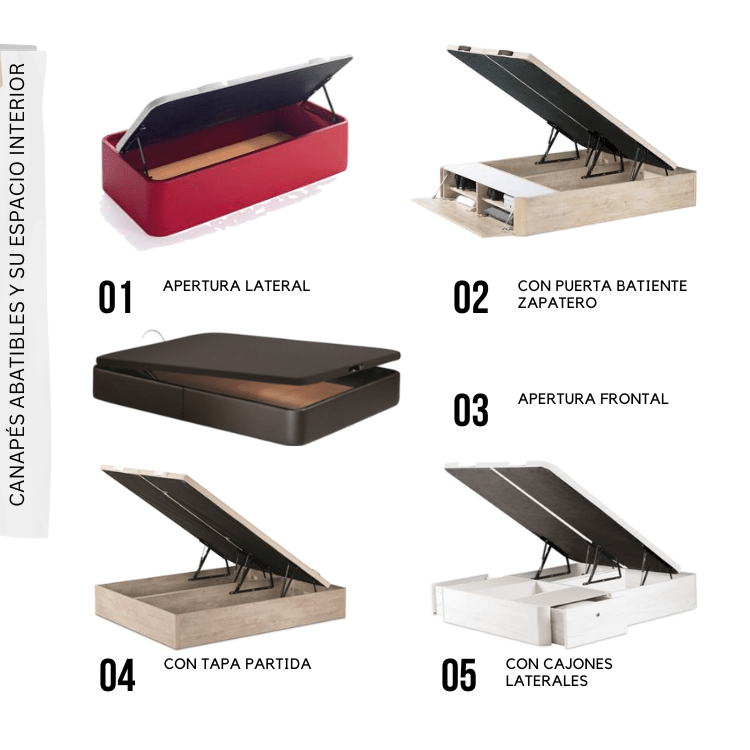Distintos modelos de canapes abatibles dependiendo de su distribucion interior y apertura