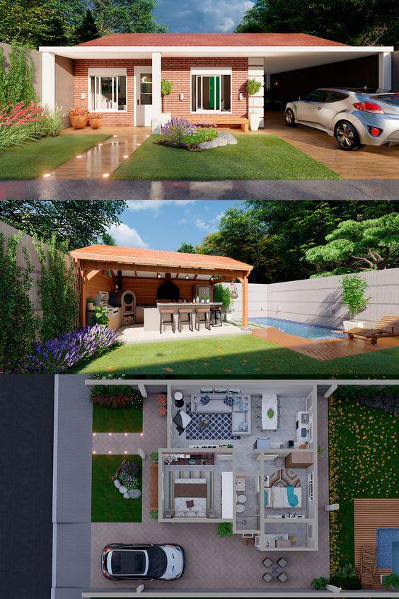 Diseños de casas con dos cuartos y piscina