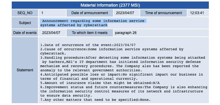 Información sobre el cyber ataque a MSI