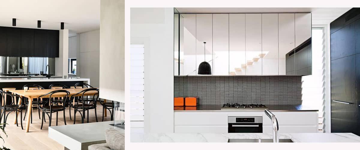 Espejos en el frende de cocina y en las puertas de armarios superiores