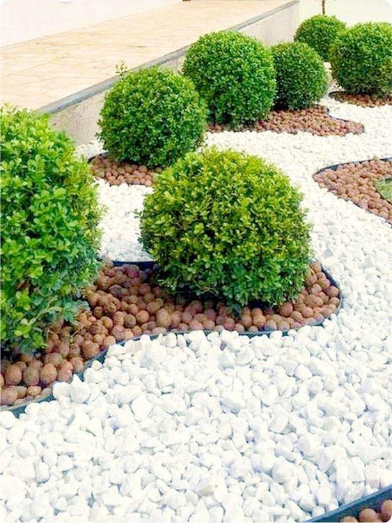 Jardín de rocas blancas con mini arbustos