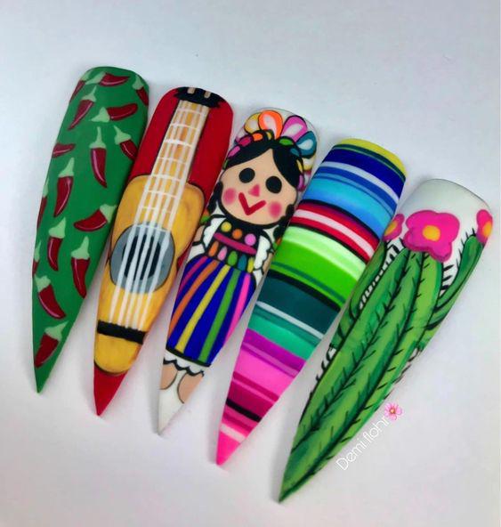Uñas para fiestas patrias de mexico con Patrones y Texturas Inspirados en Trajes Típicos