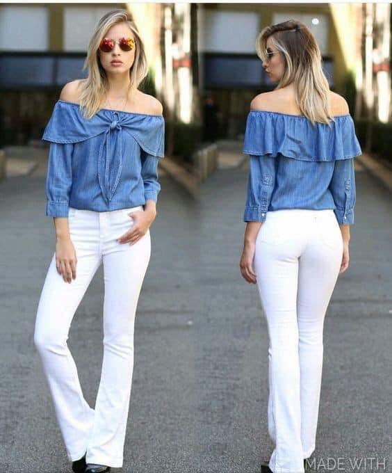 Outfits con blusas con hombros descubiertos y jeans blancos