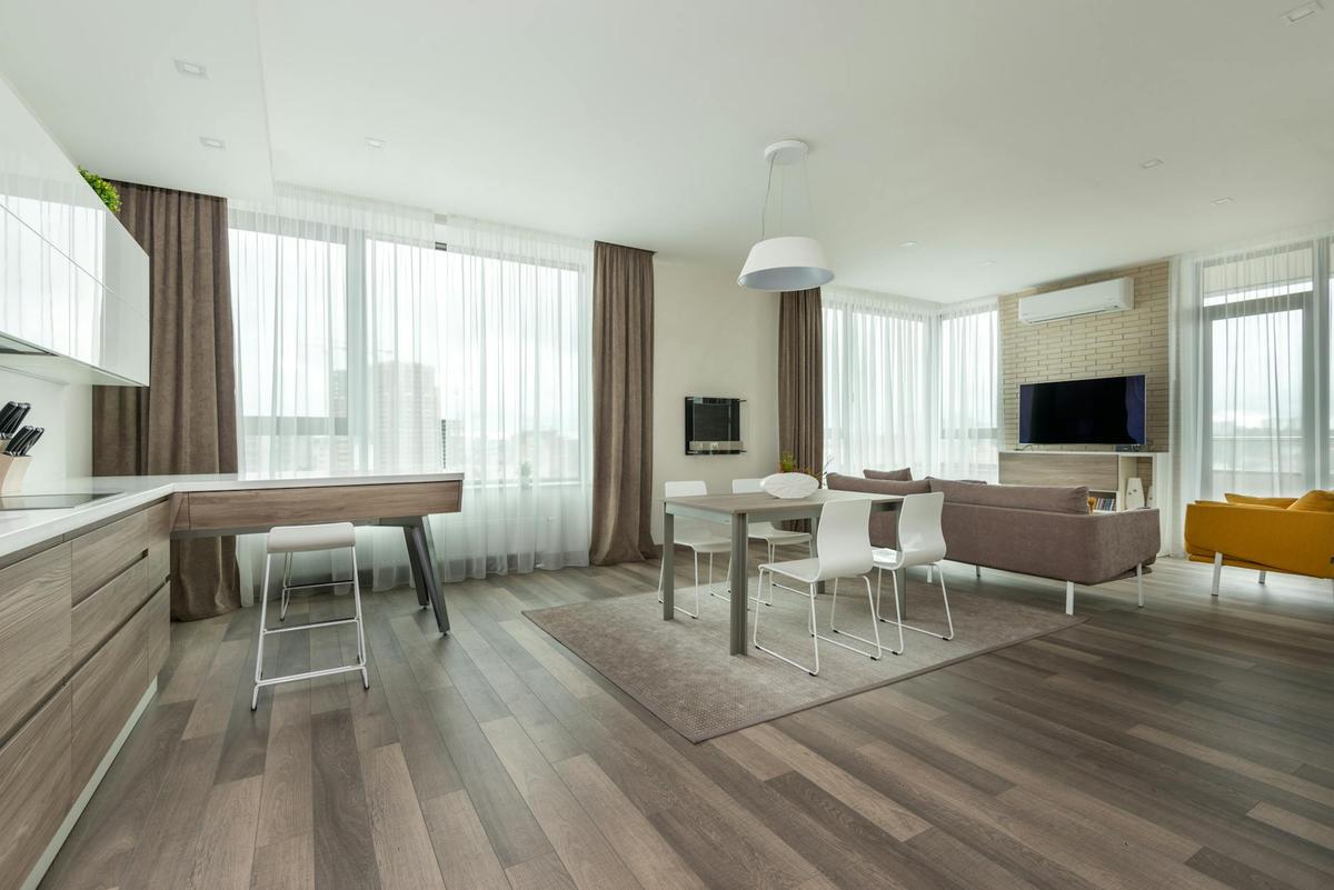 spacious living room with dining area and kitchen