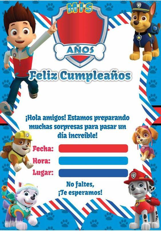 Invitaciones para fiesta de paw patrol de niño