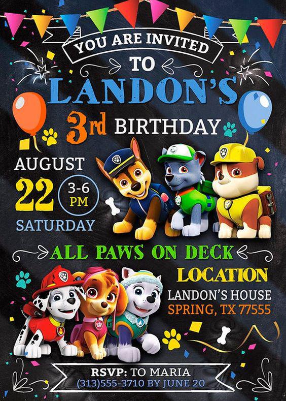 Invitaciones para fiesta de paw patrol de niño