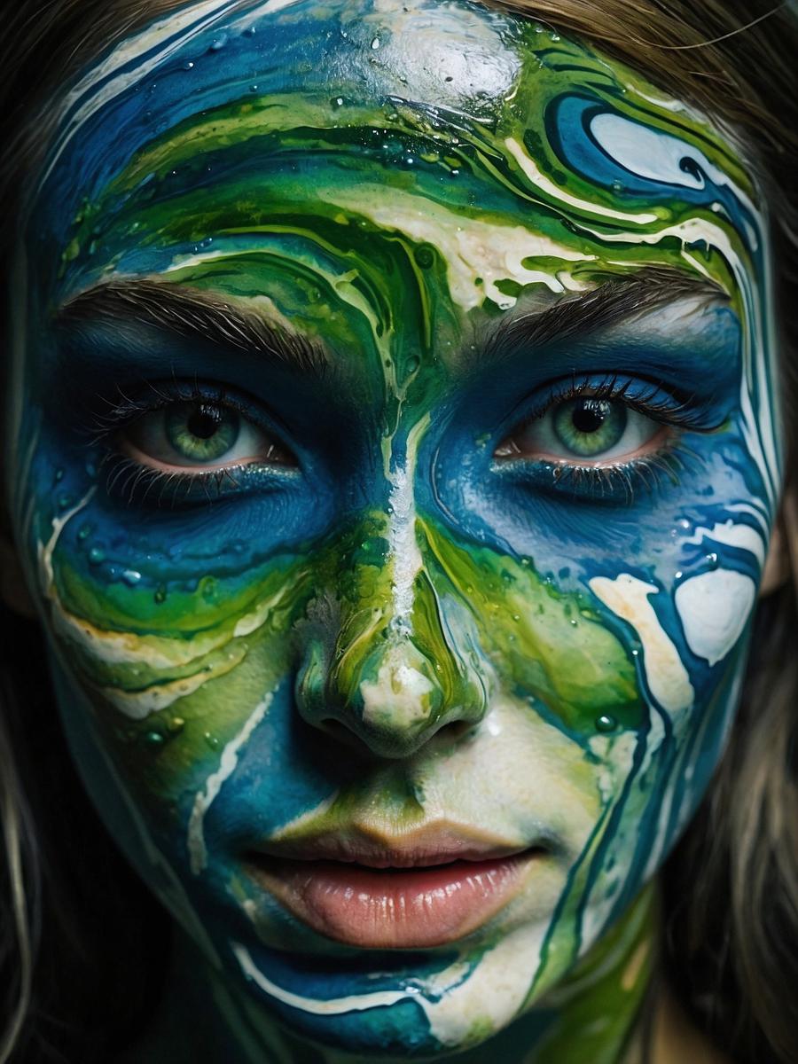 detailed marbling liquid ink painting water glowing eyes, expressive eyes, bodypainting water spirit lady magic blue and green skinned creature full face centered portrait looking at me, water lilies ebru suminagashi Art Deco, abstract marbling texture, tender detailed, beautiful, intricated, optical illusion by Lockwood, Kuindzhi, Rockwell, shadow play, perfect detailed, dynamic movement, rim lighting, mystical, magic, perfect composition