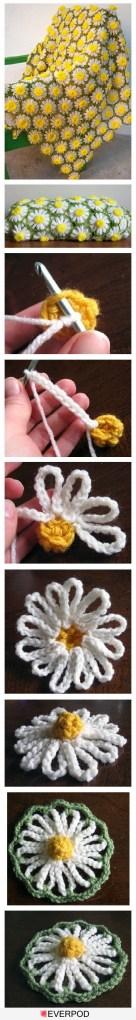 Paso a paso de manta granny de margaritas, visto en Pinterest