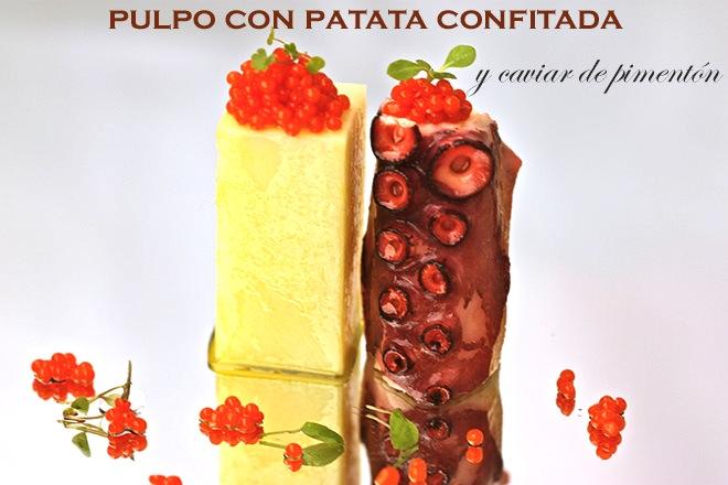 Pulpo con patata cpnfitada y caviar de pimentón
