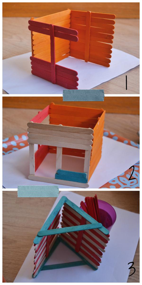 Montaje de una casita con palos de helados paso a paso