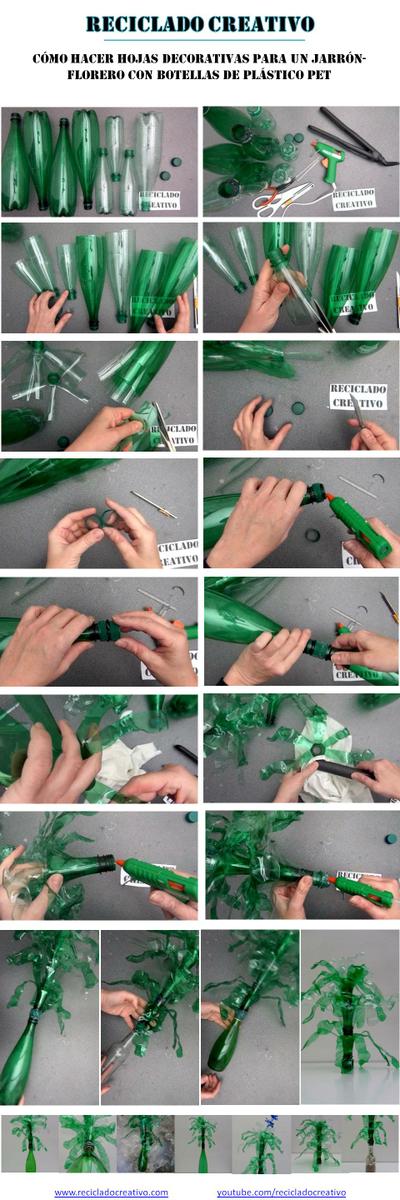 Hojas verdes de plantas para flores con botellas de plástico pet recicladas