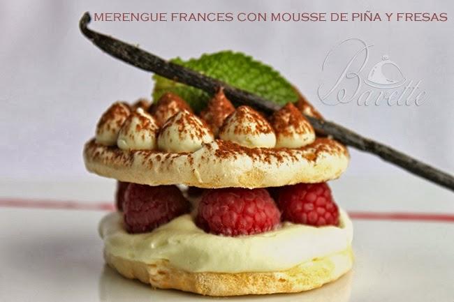 Merengue frances con mousse de piña y fresas