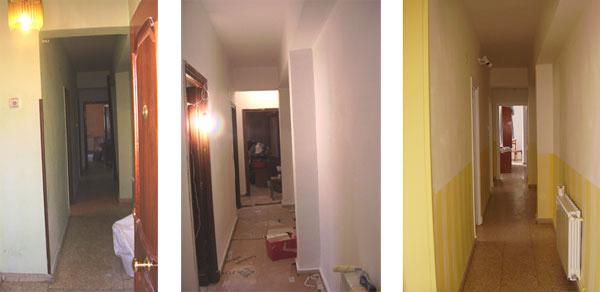 Pasillo principal. Cuando llegamos era muy oscuro, estrecho y se comía toda la luz. Después de pintarlo parecía más ancho (efecto de pintar un zócalo) y muchísimo más luminoso (por las rayas verticales amarillas, que tienen ese efecto con la luz)